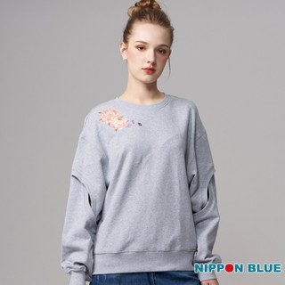 BLUE WAY 日本藍 - 女款 牡丹繡花縷空拼接長TEE(麻灰)