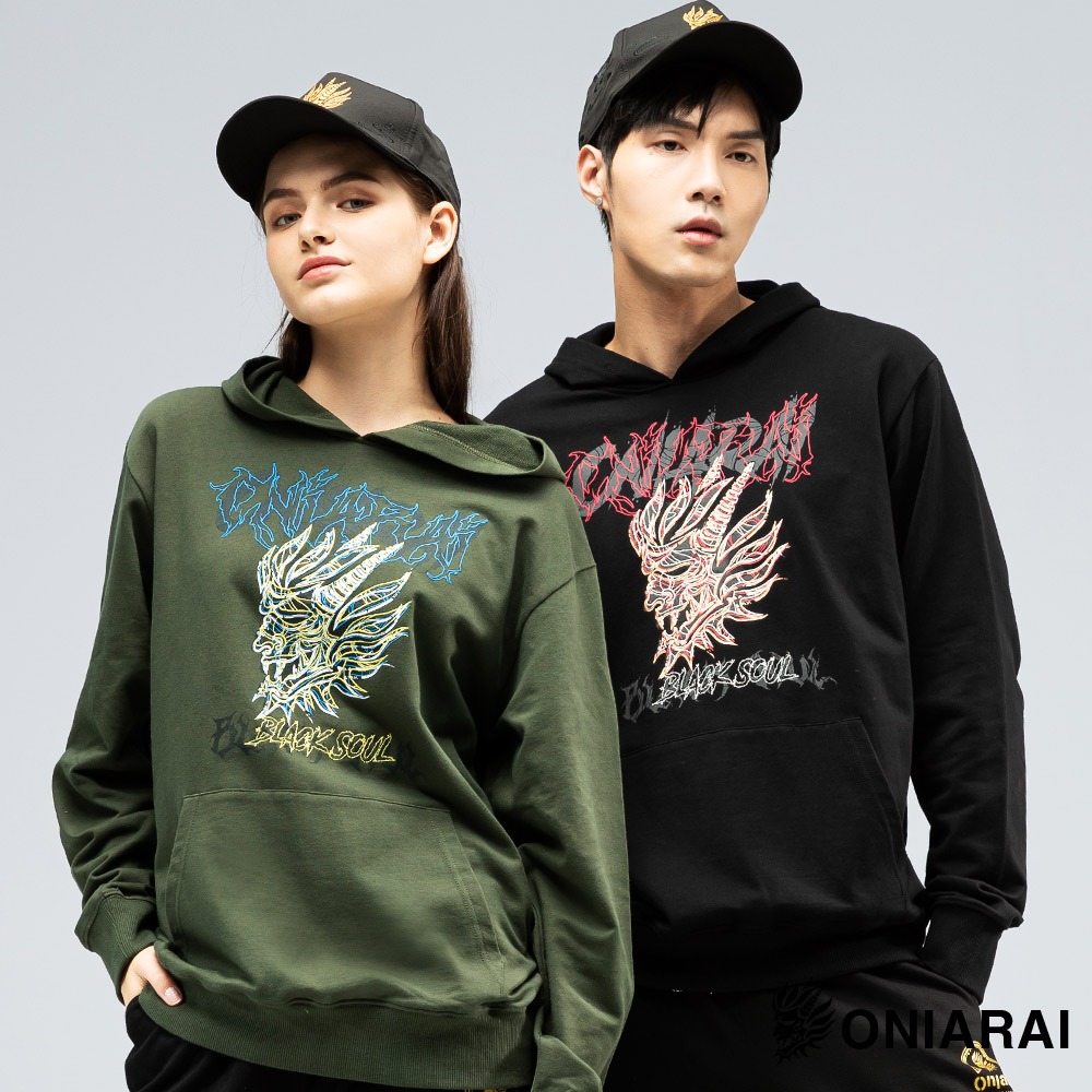 BLUE WAY 鬼洗 ONIARAI - 男女適穿 潮流線條大鬼頭連帽長TEE(墨綠)/網路獨家