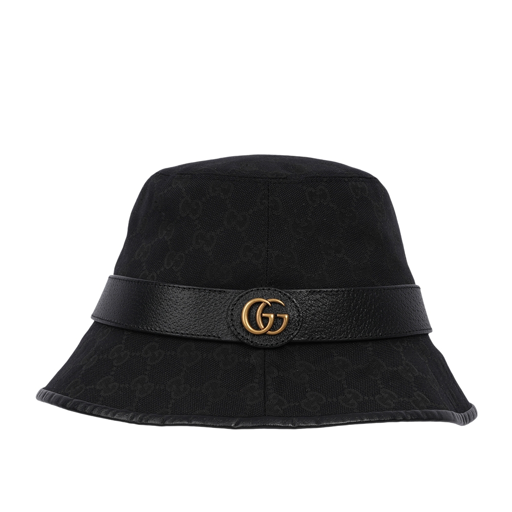 GUCCI GG Logo 帆布及牛皮復古漁夫帽(黑色) 576587 4HG53 1060