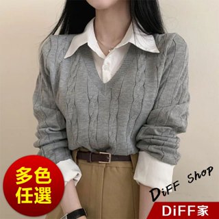 【DIFF】韓版學院風假兩件針織上衣 毛衣 長袖上衣 女裝 衣服 長袖t恤 保暖上衣 冬裝 發熱衣 襯衫 【W467】