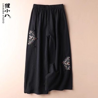 中國風2024夏季大碼 棉麻休閒女款褲薄款 復古民族風刺繡闊腿褲 寬鬆百搭顯瘦 舒適九分褲
