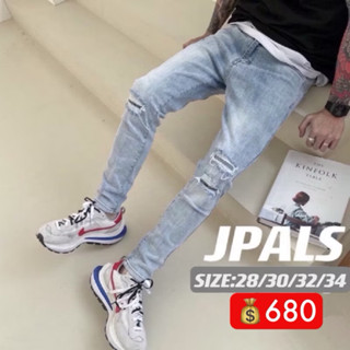 【JPALS】 現貨秒發 韓版 淺藍 復古藍 刀割 刷白 窄版 補釘 彈性 破壞 貓鬚 牛仔褲 韓國 牛仔長褲 三刀