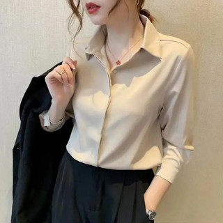 緞面垂感襯衫女雪紡長袖襯衫職業上班襯衣立領襯衫女襯衫氣質襯衫韓版襯衫大尺碼襯衫長袖襯衫女雪紡襯衫