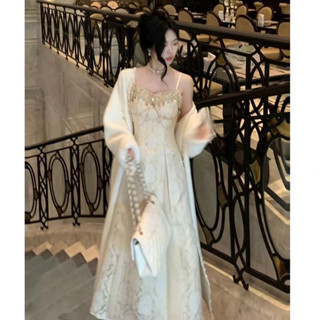 【公主請下單】高品質超美流光香檳 小眾設計高階感宮廷風吊帶連衣裙+開衫 小眾主持人禮服 晚宴禮裙 重工定製長裙 氣質洋裝