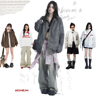 RANRAN/ 美式復古外套女 寬鬆 韓版 設計感 短版 皮夾克外套 港風夾克 女生外套 原宿風 高街潮牌 上衣女 長袖