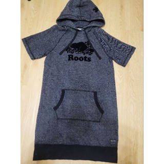 roots 女大人 椒麻灰 楓葉 短袖 大logo 長版 長洋 連帽洋裝 帽 抽繩 上衣 XS
