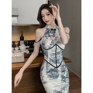【#現貨臺灣，免預購】S 灰 立領 中長款 旗袍禮服 露肩珍珠流蘇連衣裙 春酒尾牙 婚禮洋裝