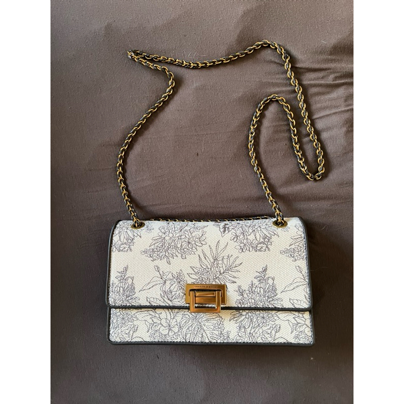 Charles&Keith 小CK 手繪花草植物圖案金鍊側背包 方包