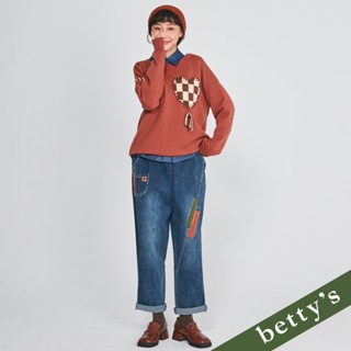 betty’s貝蒂思(35)腰鬆緊造型布條拼接牛仔長褲(藍色)