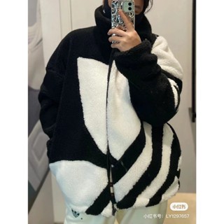 羊羔絨外套 運動外套 大LOGO 秋冬季保暖加厚加絨棉衣外套 三葉草羊羔毛 立領外套女情侶外套 休閒百搭