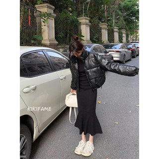 KIKIFAME🖤INS韓系質感半高領魚尾長洋裝 pu皮麵包外套 魚尾洋裝 長袖洋裝 針織洋裝 黑色外套 棉服