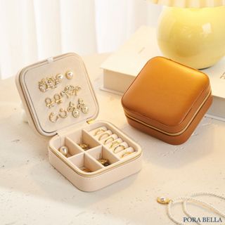 <Porabella>新款小型便利皮革首飾盒 珠寶盒 旅行旅遊 摩卡棕飾品盒 飾品戒指項鍊耳環耳夾收納 展示收納盒防水