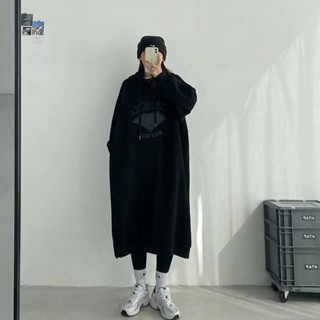 YG-服飾 女生帽T 加絨長款帽T女 帽T長裙 秋冬季新款 寬鬆 顯瘦 連帽長裙大學T 保暖連衣裙 女生長裙 大碼帽T