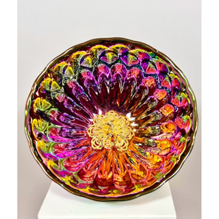 【明明天然水晶】七彩孔雀鎏金消磁碗96.8mm 金龍底 鎏金陶瓷 贈水晶碎石 手串消磁 手串淨化 淨化消磁碗