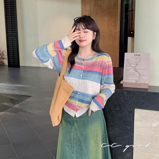 CCGIRL中大尺碼 彩虹浪漫♡撞色彩條立體針織長袖上衣(可開釦當外套)-適L～4L《20686》大尺碼女裝 大尺碼上衣