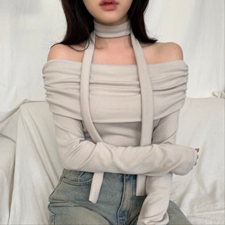 QStudio🇰🇷 韓國 一字領露肩長袖上衣+小圍巾長袖上衣 女裝 歐妮穿搭