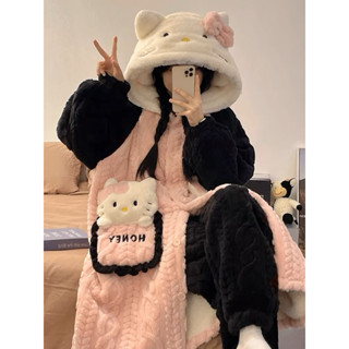 日式kitty睡袍加厚加絨睡衣 秋冬季珊瑚絨家居服 套裝連帽 法蘭絨