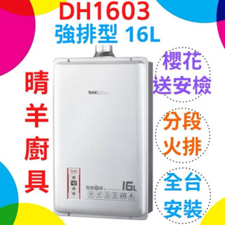 櫻花熱水器 DH1603 強制排氣16L熱水器 強制排氣16公升熱水器 櫻花牌 強排熱水器 DH1605 DH1603