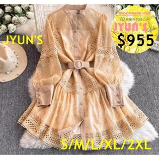 JYUN'S 秋冬新款法式蕾絲拼接燈籠袖秋季名媛氣質長袖收腰顯瘦荷葉邊小個子連身裙大尺碼洋裝2色S~2XL預購