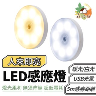 圓形感應燈 感應燈 小夜燈 8顆燈泡 LED燈 節能燈 人體感應燈 櫥櫃燈 床頭燈 USB 磁吸 照明燈 暖光 白光