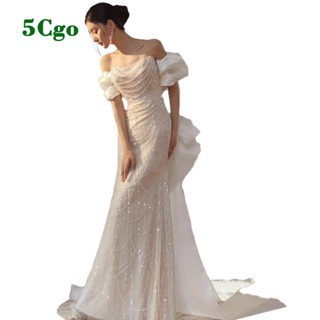 5Cgo【鴿樓】高階重工細閃輕婚紗紅色白色韓版新款氣質輕奢魚尾奢華釘珠新娘一字肩禮服t730180749042