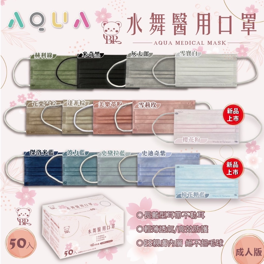 水舞生醫 成人 / 兒童 醫用平面口罩 50片入/盒 素色平面口罩 滿版口罩【立赫藥局】