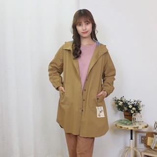 花木馬日系女裝紐釦門襟長版連帽風衣外套