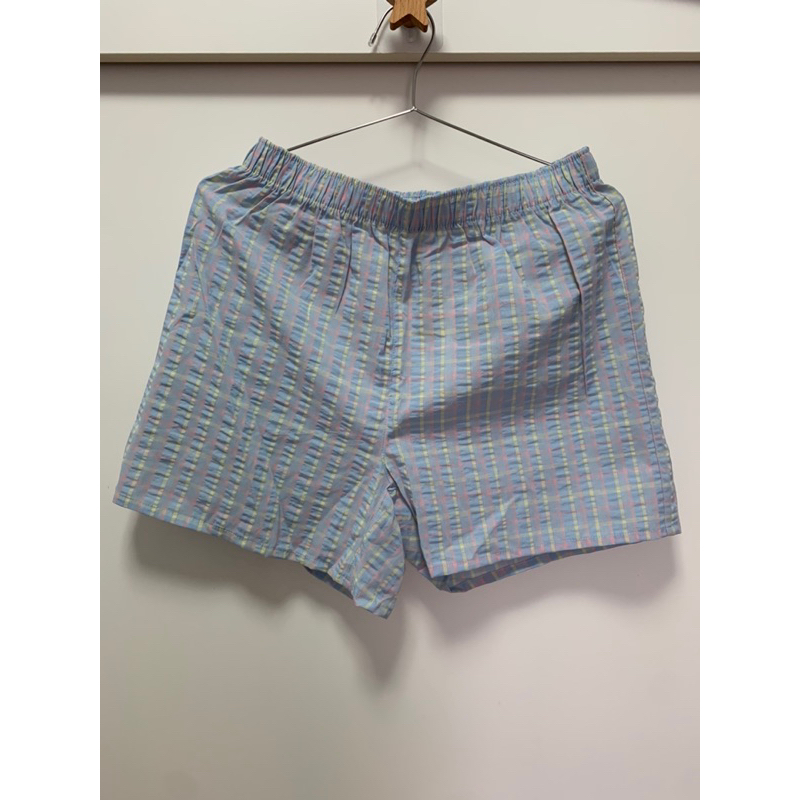 [免運］全新net女款腰鬆緊藍色格紋休閒短褲（m)