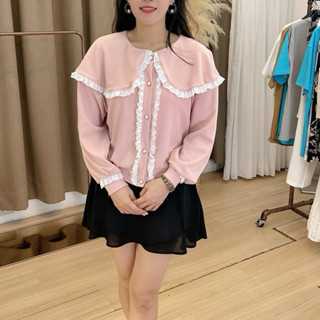 全新 正韓 Holly Sugar 大荷葉翻領拼接蕾絲長袖上衣