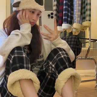大尺碼女裝 加絨加厚直筒褲 冬季羊羔絨褲 高腰格子褲女 保暖休閒褲 顯瘦闊腿長褲