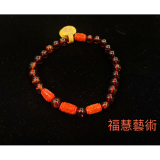 福慧藝術天然血珀珠與珊瑚雕件手串手珠