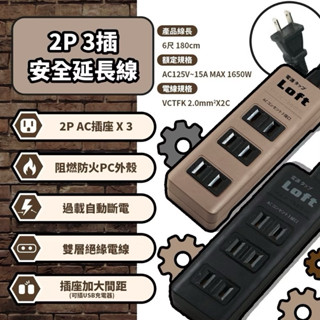 「24小時快速出貨」工業風2P3插安全延長線 黑色 沙色 延長線 復古延長線