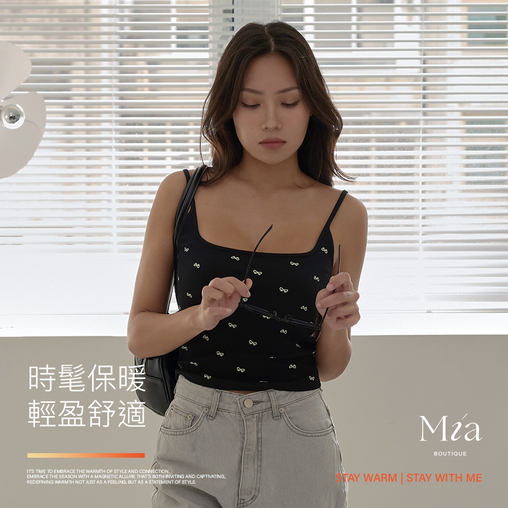 【Mia Boutique】甜美蝴蝶結印花溫暖磨毛細肩帶BRA TOP