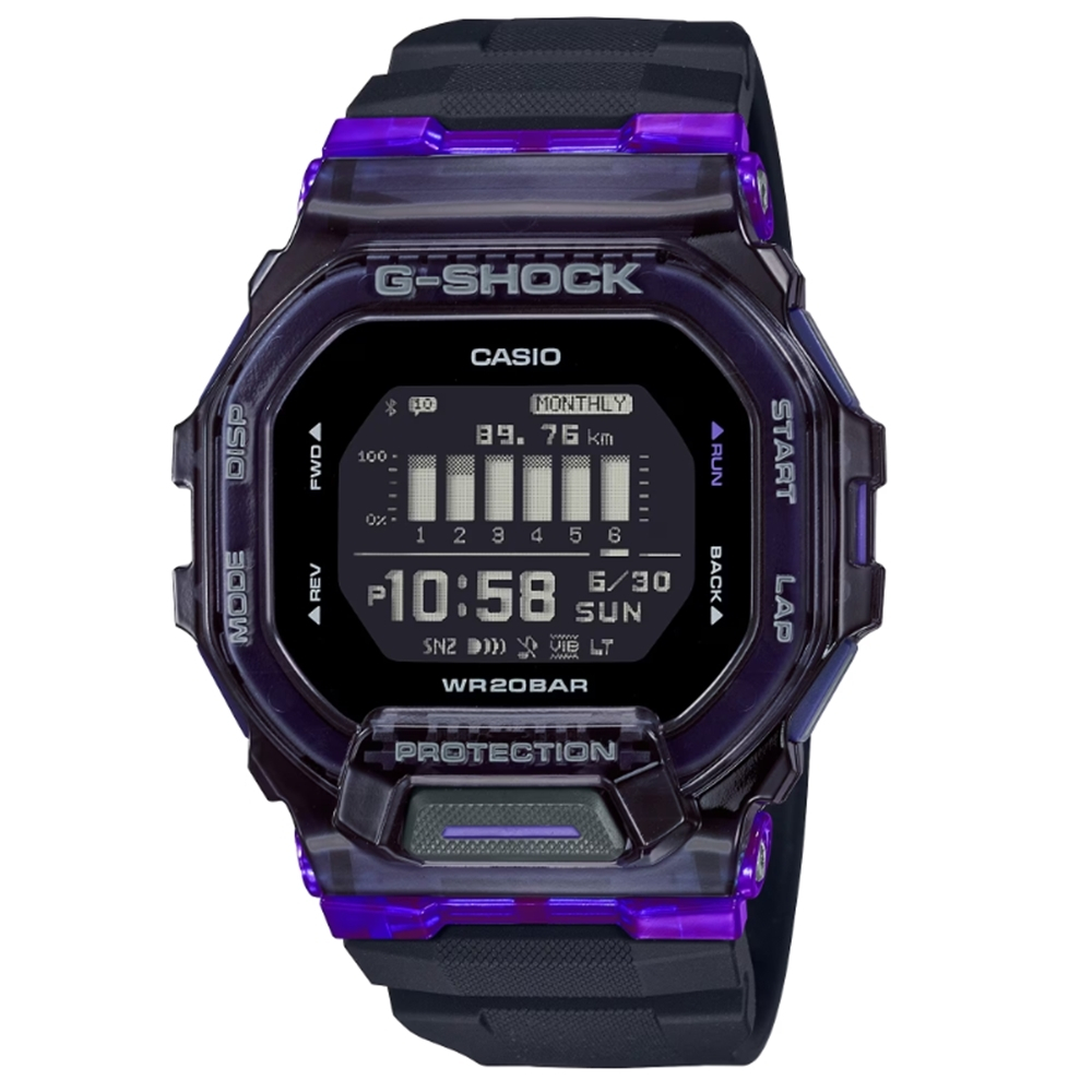 【CASIO 卡西歐】G-SHOCK 藍牙 半透明 黑x紫 經典方型 運動系列 GBD-200SM-1A6_45.9mm