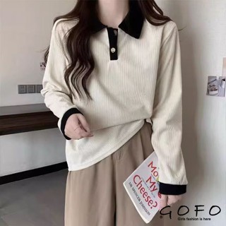 GOFO 長袖上衣 韓系穿搭 學院風 拼接撞色 有領翻領t恤 POLO領 女生衣著 女裝 秋冬 秋天 冬天