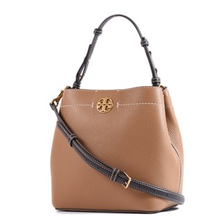 TORY BURCH 荔枝紋磁釦手提/斜背二用水桶包-棕色/小 【美國正品現貨】