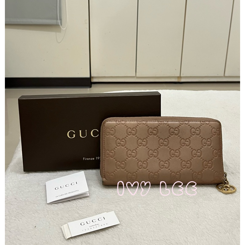 Gucci 232477 皮革壓紋 粉橘膚色 ㄇ字愛心拉鍊長夾 二手精品