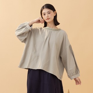 【MOSS CLUB】蕾絲領素面細褶泡泡袖長袖上衣 藍 綠