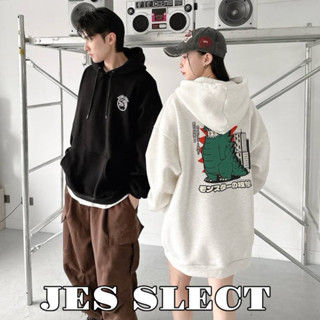 【JES】 韓國 厚磅 內刷毛 保暖 日系 恐龍 塗鴉 印花 刷毛 親膚 潮流 百搭 情侶 長袖 上衣 連帽長T 帽T