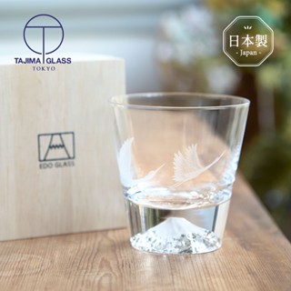 【日本田島硝子】日本製富士山雕花威士忌杯-親子鶴 (原廠正品 江戶硝子 富士山杯 玻璃杯 酒杯)