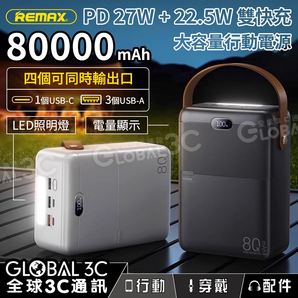 【超大電量80000mAh】27W+22.5W｜PD+QC快充行動電源｜電量顯示｜LED照明燈｜4個輸出口｜露營｜停電