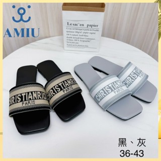 AMIU【現貨➕預購】超美仙女風 ins爆款網紅新潮百搭外穿拖鞋 外出一字露趾平底拖36-43碼英文字母平底拖鞋