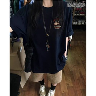 巨巨巨喜歡！ 短袖 t恤 藏青色上衣 t恤女 美式復古 美式短袖 印花 t恤 oversize t恤 重磅短袖 ins風