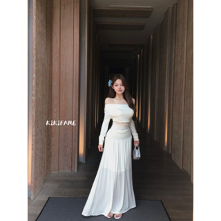 KIKIFAME🤍兩色 純欲蕾絲拼接透感一字領上衣 A字長裙 套裝 露肩上衣 長袖t恤 半身裙 傘裙 兩件套 長袖上衣