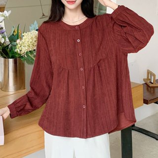 隔日到 FJ 24012 長袖 襯衫 大尺碼 女裝 上衣 秋 寬鬆 阿美氏文青文藝