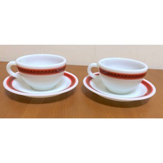 早期 美國康寧 CORNING PYREX 牛奶玻璃咖啡杯 杯盤組 厚實 2杯2盤 對杯 美國製 店面或居家擺飾 收藏