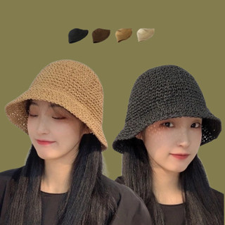 現貨-可折疊手工編織水桶漁夫帽帽子女韓版夏季草帽沙灘帽小清新遮陽帽