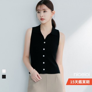 niceioi【特惠】Polo衫女 針織上衣 v領 黑色 [歐美排釦細坑條針織無袖上衣] 無袖 女裝