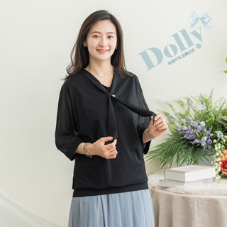 Dolly多莉大碼專賣店 臺灣現貨 大尺碼雪紡壓褶領結棉質七分袖上衣(黑色)365