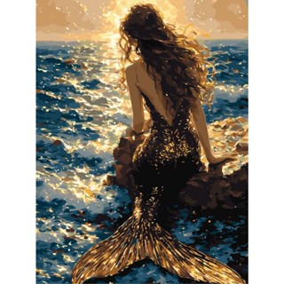 10月新款現貨-黑金美人魚-配金色顏料【新一代畫布有背板】-40*50CM數字油畫/填色畫/丙烯油畫/輕奢畫-客廳裝飾畫